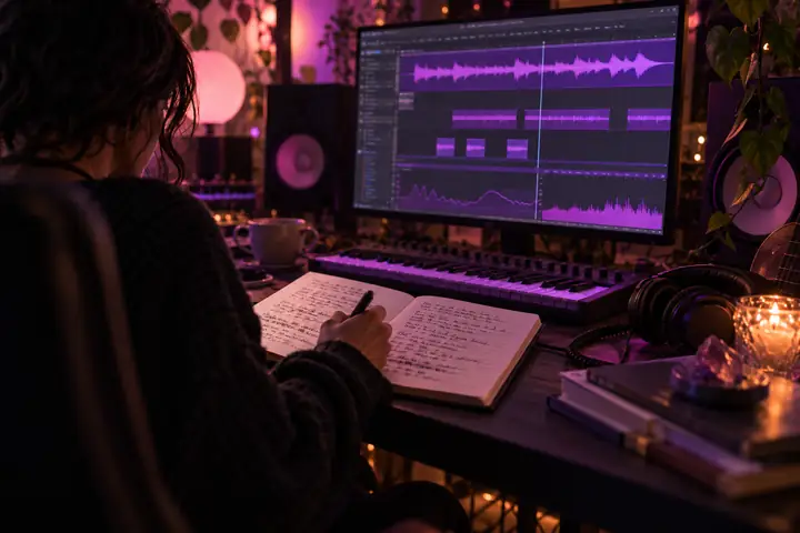 Concept illustration of a songwriting workspace, not a Kyncept product screenshot
