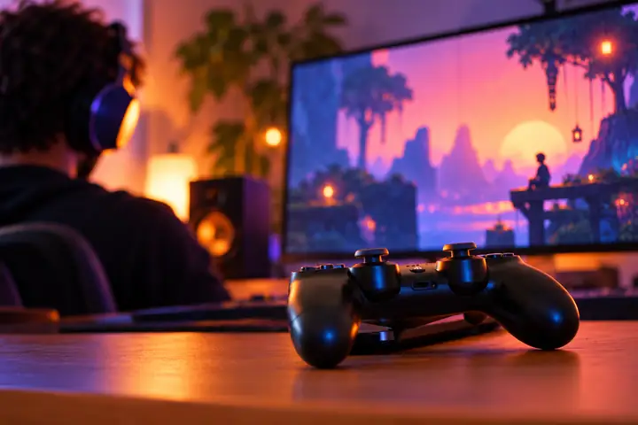 A game controller and screen in a moody gaming setup