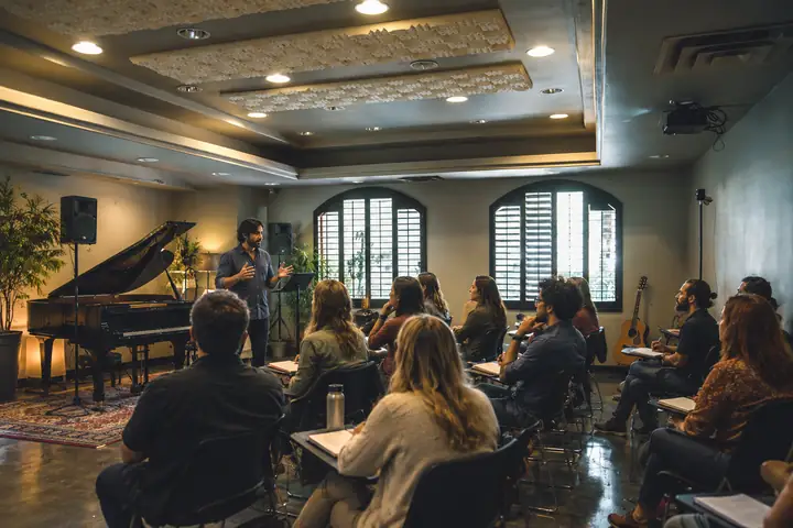 An educator addressing people in a classroom