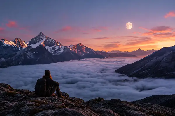 Moonlit Serenity: mountains rising above a sea of clouds at dusk