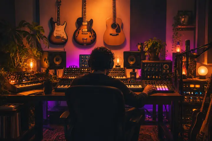 Music production equipment in a softly lit recording studio