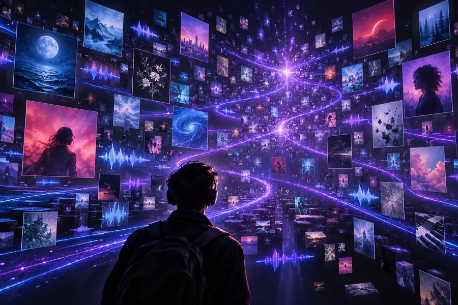 Editorial artwork representing a search for AI music on Spotify