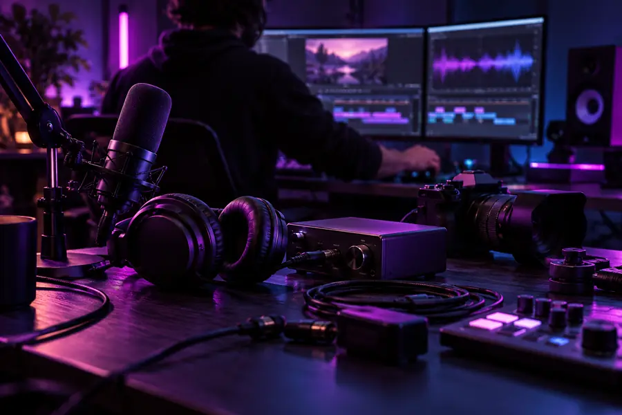 Video creator equipment in a dark editing space
